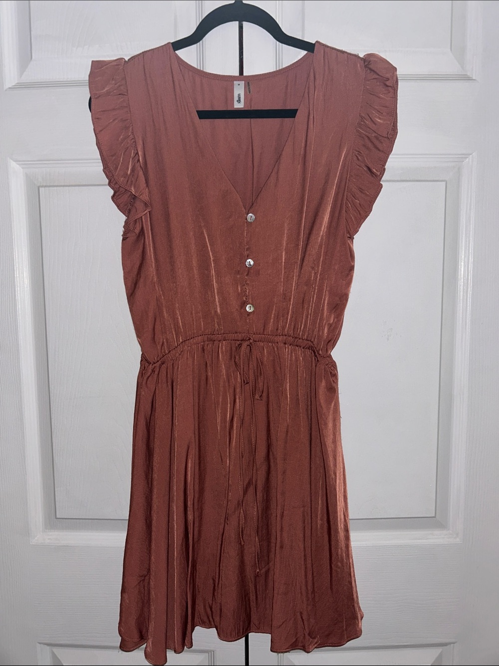 glam Rust Button-Front V-Neck Mini Dress with Ruffle Sleeves